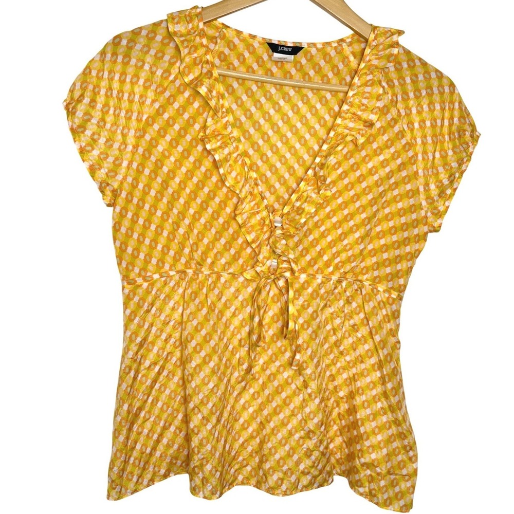J.Crew Yellow Silk Blend Polka Dot Ruffle V-Neck Empire Waist Blouse Top Size 4
